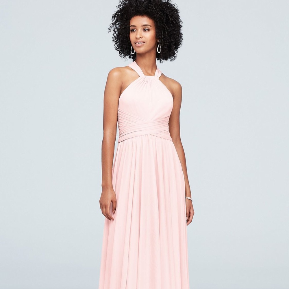 David’s Bridal High Neck Mesh Bridesmaid Dress with Full Skirt
